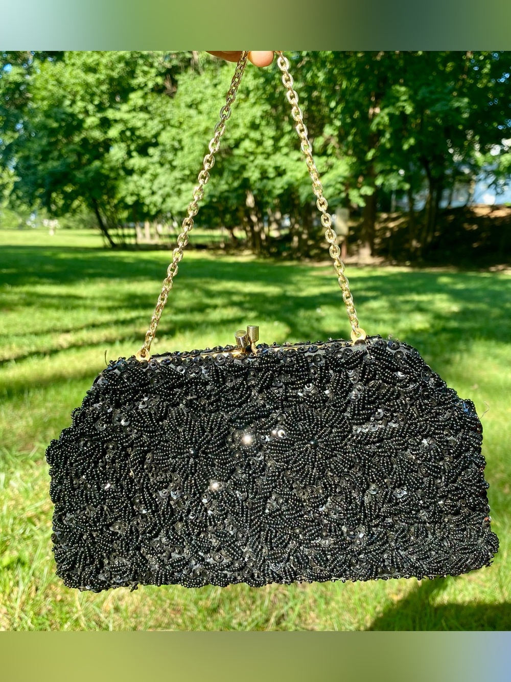 Vintage Hand-Beaded Black Clutch with Gold Chain